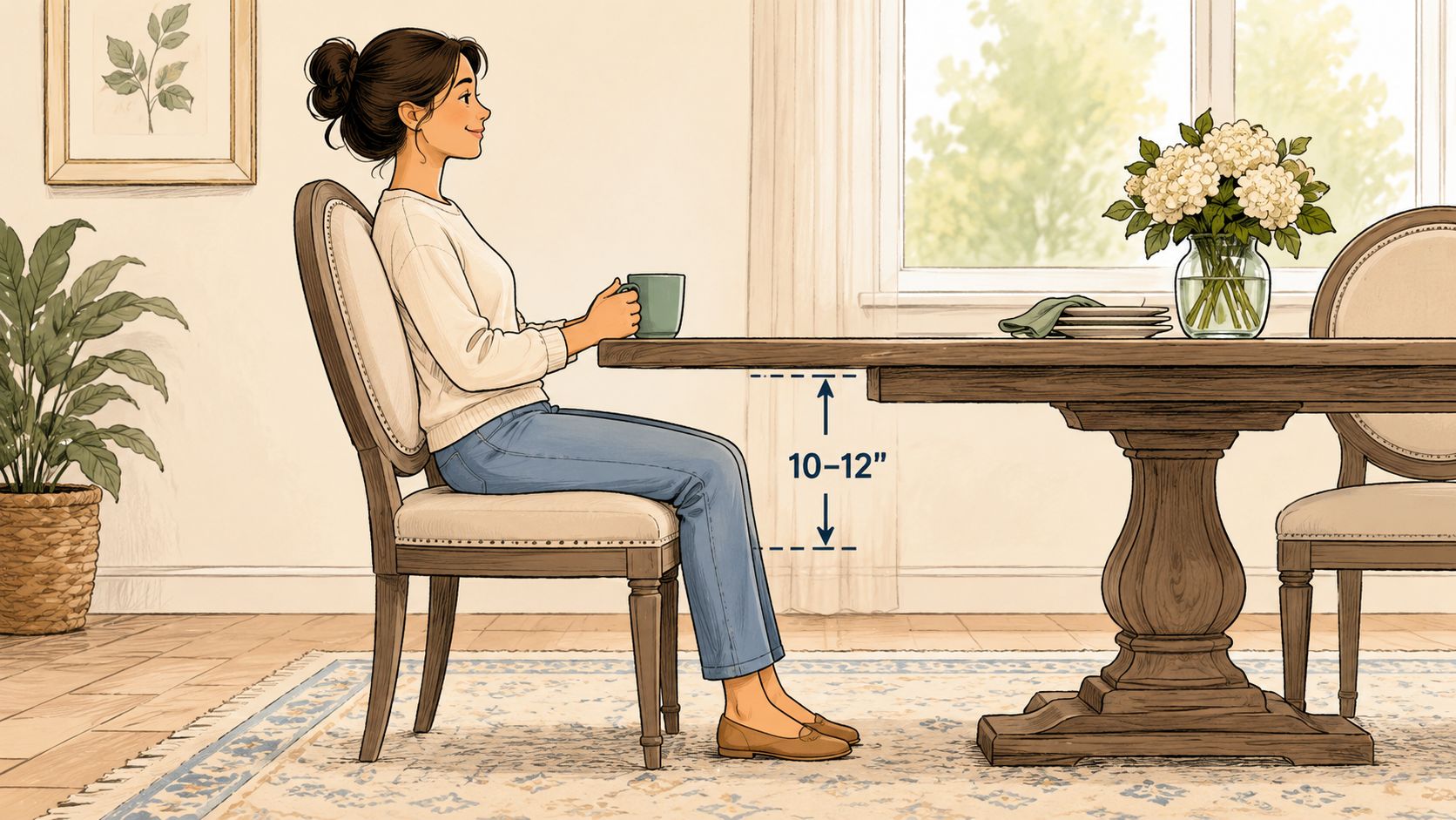 A woman sits at a wooden dining table illustrating the ideal clearance between the chair and table.