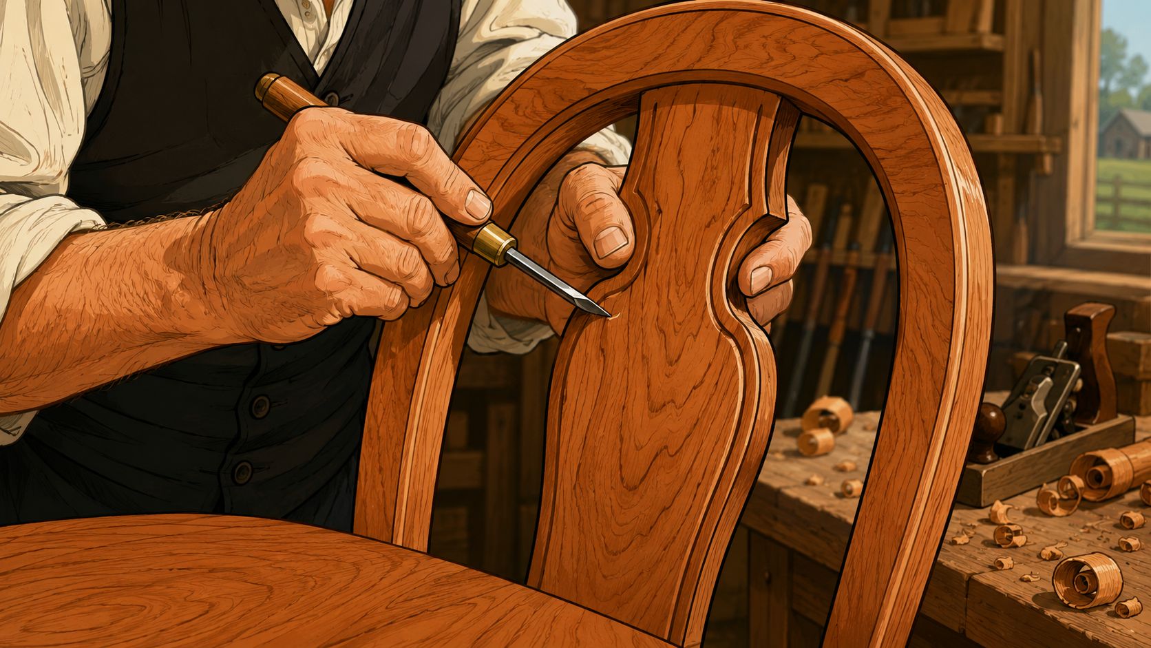 A skilled carpenter carving intricate details into the wooden backrest of an oval back dining chair.
