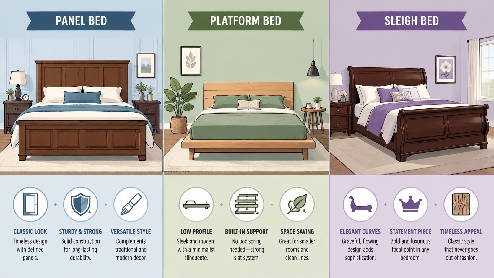 An infographic showing the design features of panel beds, platform beds, and sleigh beds for bedroom decor.