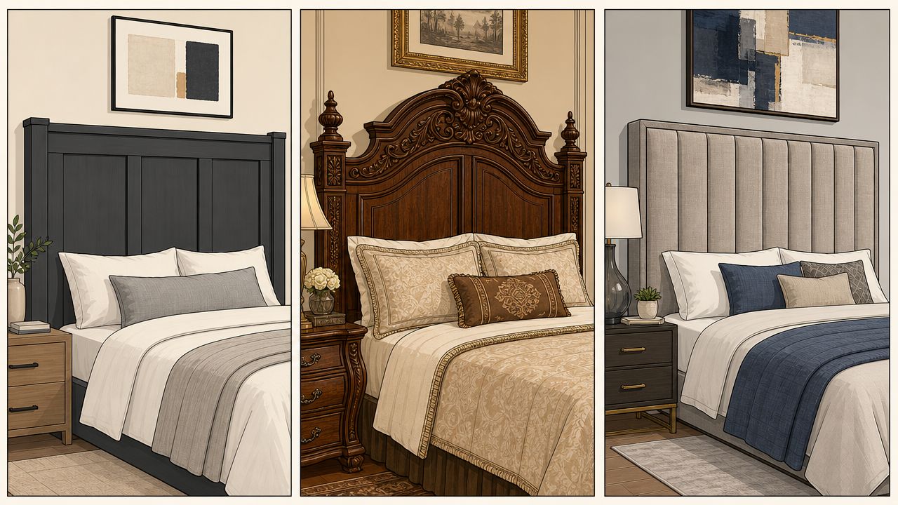 Three bedroom interior design panels showcasing a black wooden bed, ornate mahogany bed, and a modern upholstered headboard.