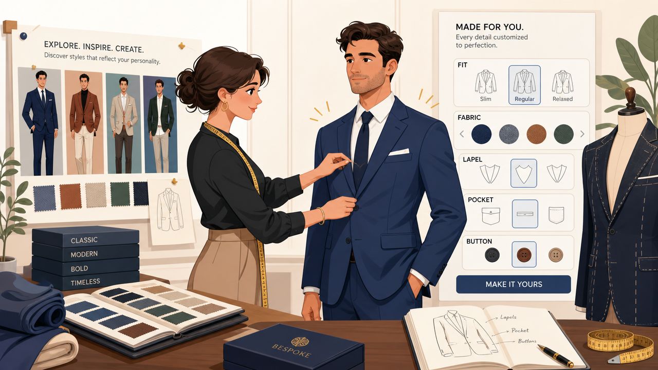 A professional tailor takes measurements of a man for a custom tailored blue suit in a boutique.