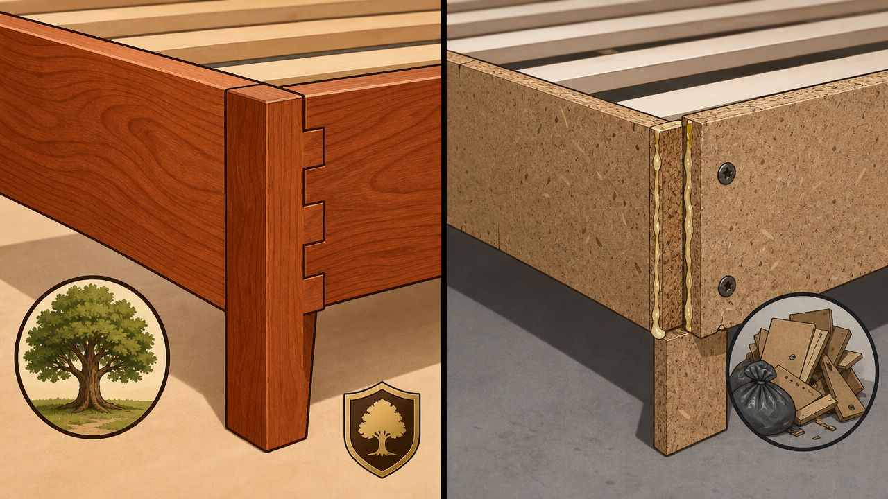 A comparison between a high-quality solid wood bed frame and a low-quality particle board bed frame.