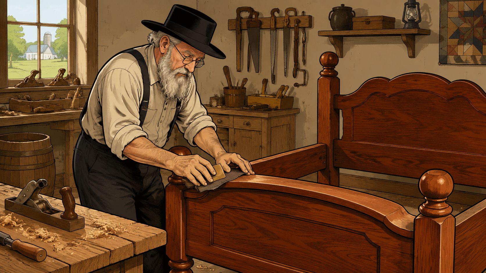 An elderly Amish man in a hat carefully sands the wooden footboard of a handcrafted bed frame.