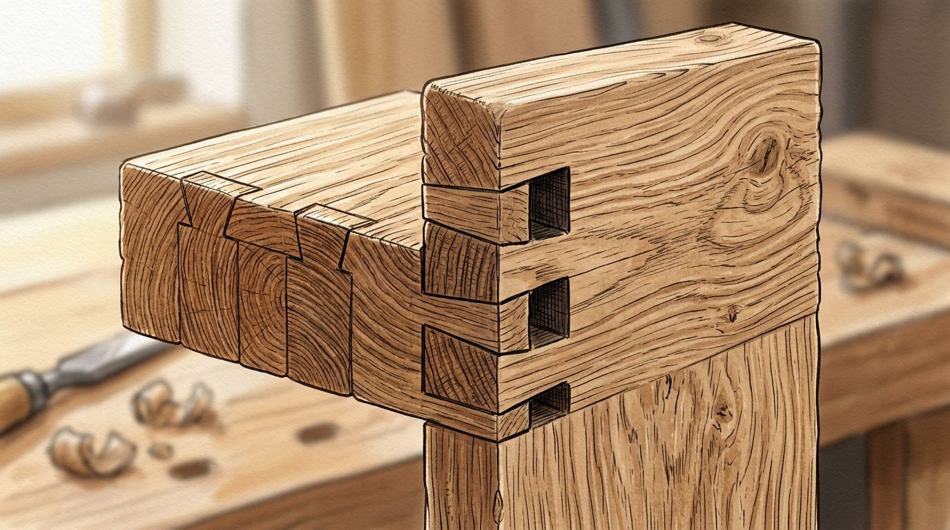 A close-up illustration of a precise dovetail joint connecting two pieces of high-quality wood.