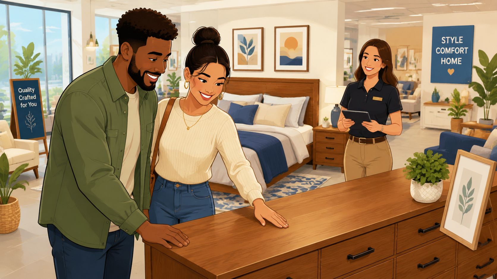 A couple shopping for quality bedroom furniture in a bright, modern showroom with a helpful sales associate.