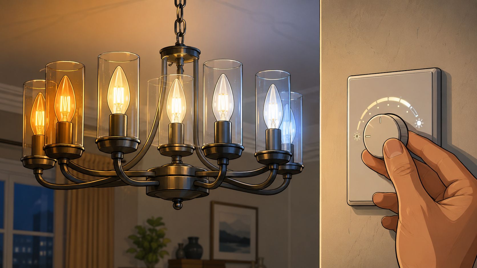 A hand adjusts a dimmer switch to control the light color temperature of a six light chandelier.
