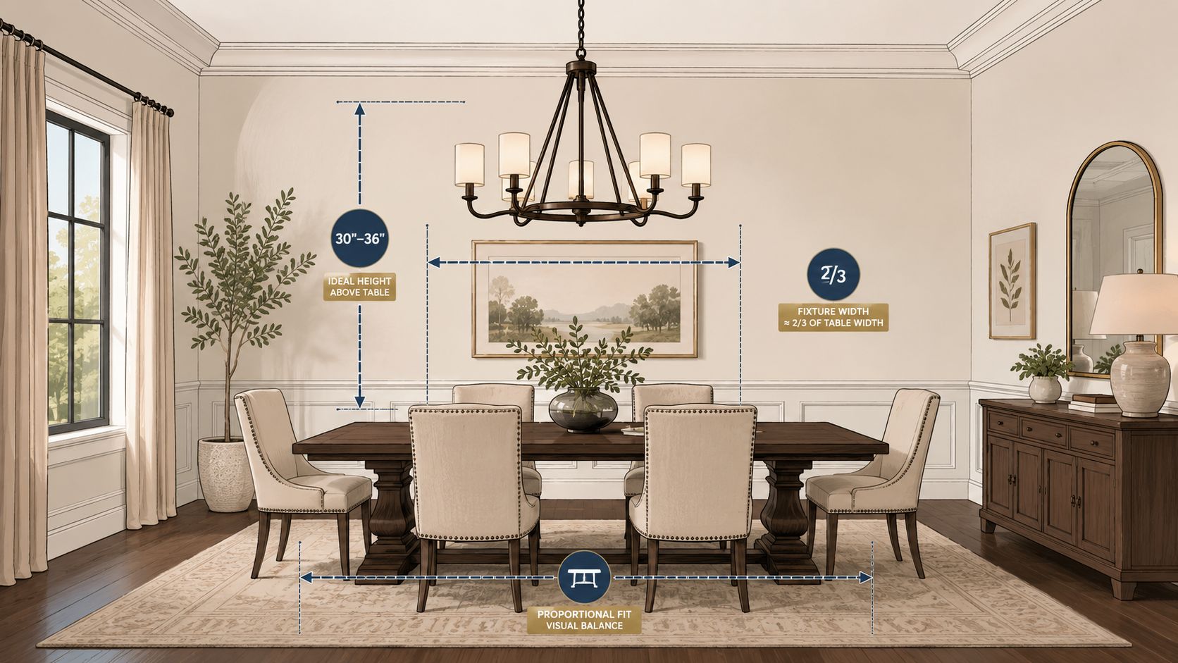 An illustration showing ideal placement and proportions for hanging a six light chandelier above a dining table.