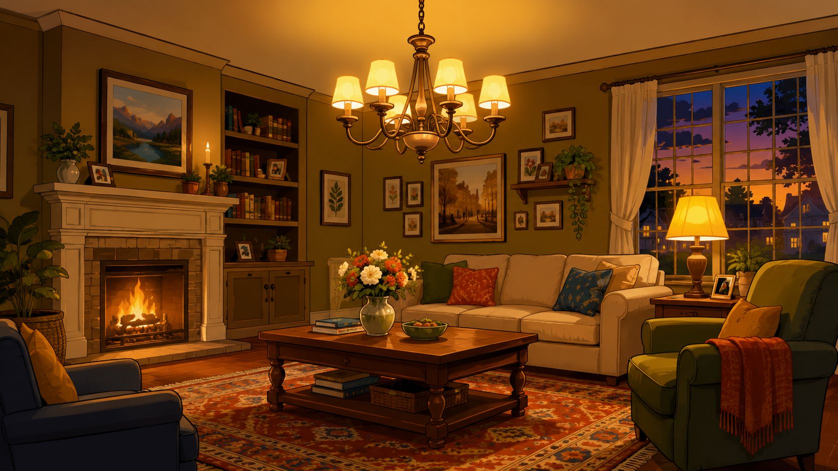 A cozy, warm living room featuring a six light chandelier, a fireplace, and comfortable traditional furniture.