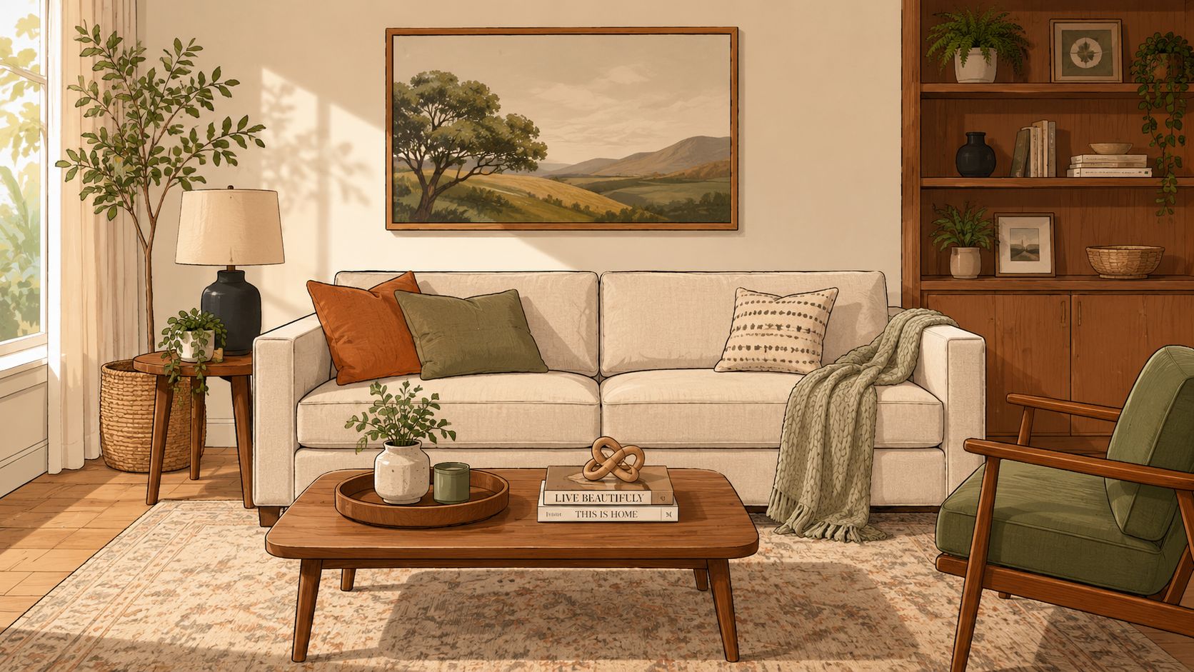 A cozy living room featuring a track arm sofa, wooden coffee table, armchair, and warm decor accents.