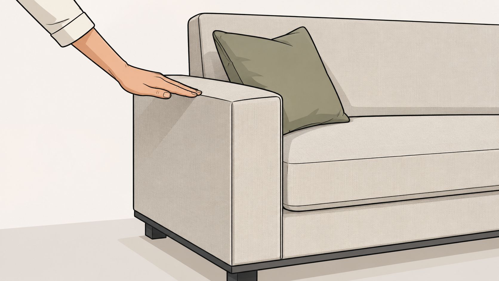 A close-up view of a hand resting on the square track arm of a beige upholstered sofa.