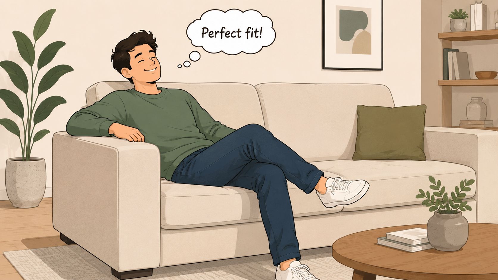 A happy young man relaxing comfortably on a modern light-colored track arm sofa in a living room.