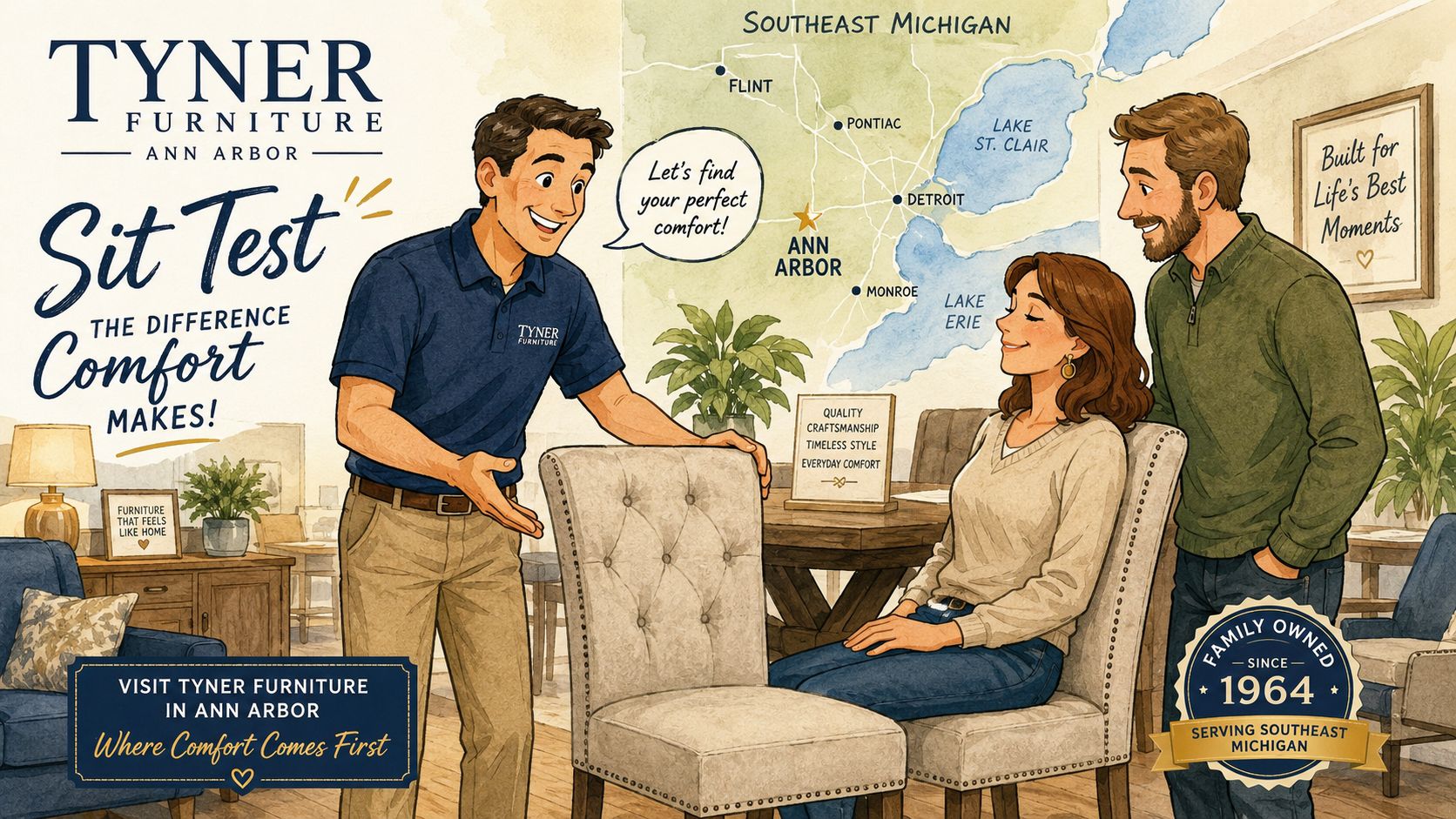 A friendly furniture store associate helps a couple find the perfect chair in an Ann Arbor showroom.