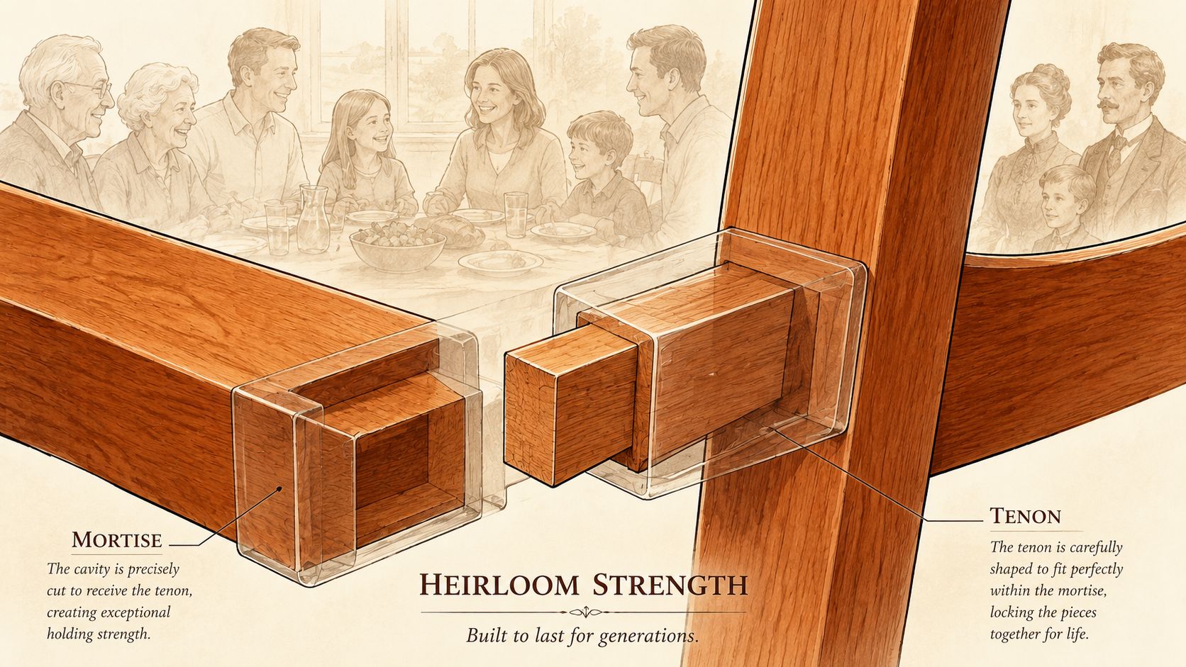 An illustrative diagram demonstrating mortise and tenon joinery on high-quality wooden American made dining chairs.