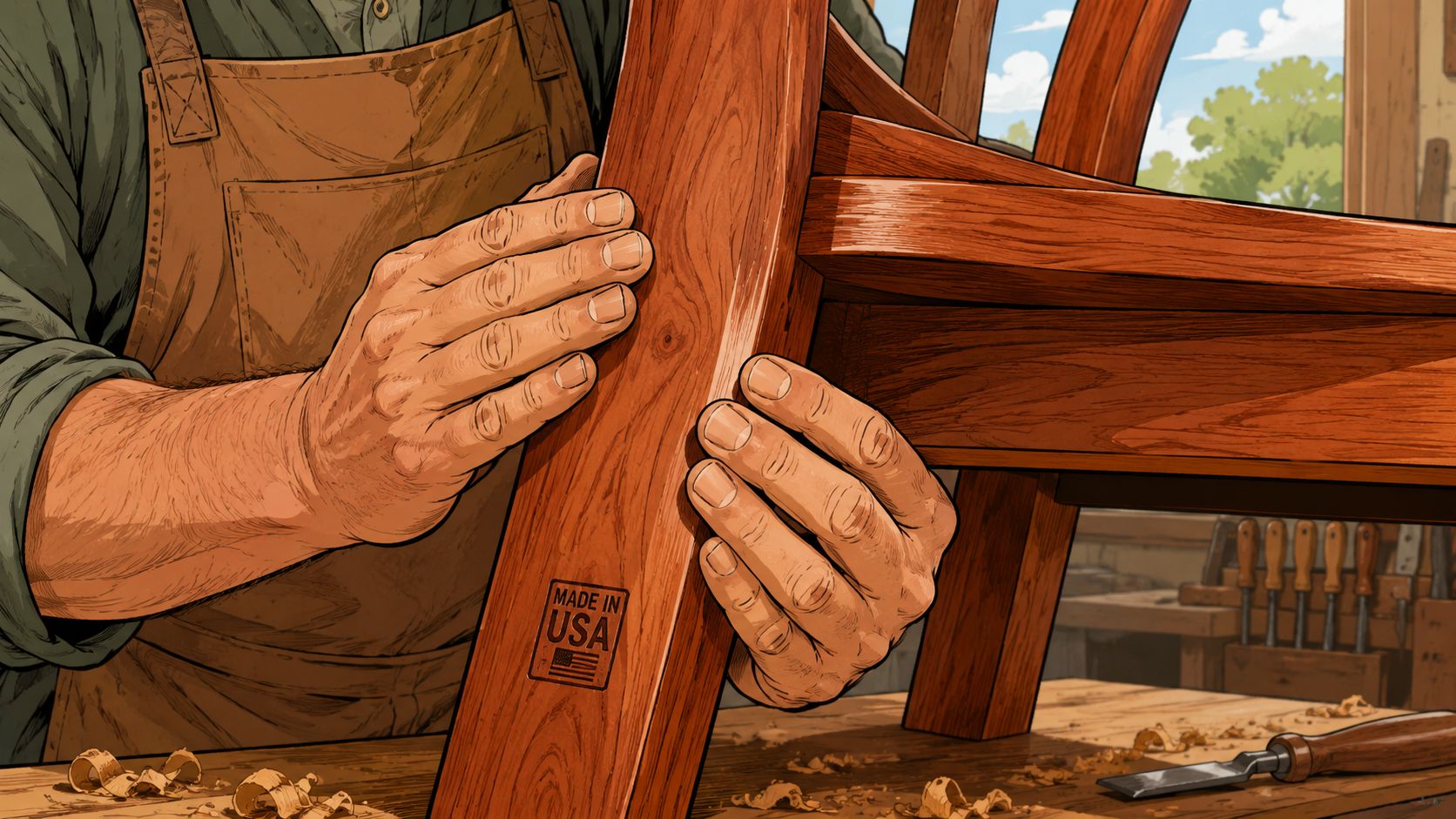 A skilled woodworker crafting an American made dining chair in a rustic workshop setting.