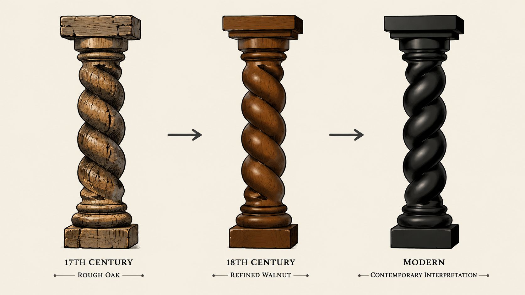 An illustration showing the stylistic evolution of a barley twist pillar from 17th-century oak to modern design.