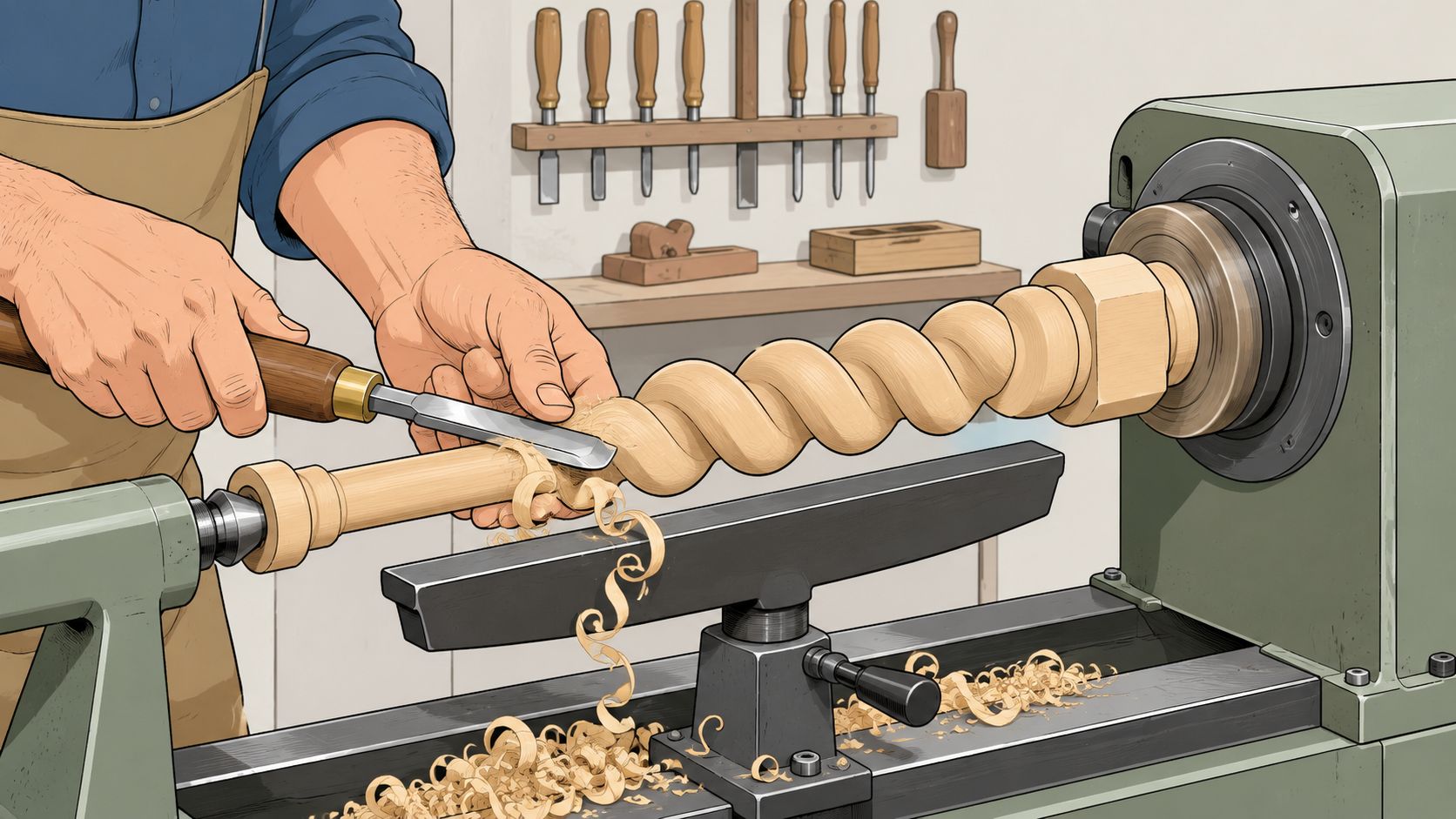 A woodworker using a chisel on a lathe to create a barley twist pattern on wood.