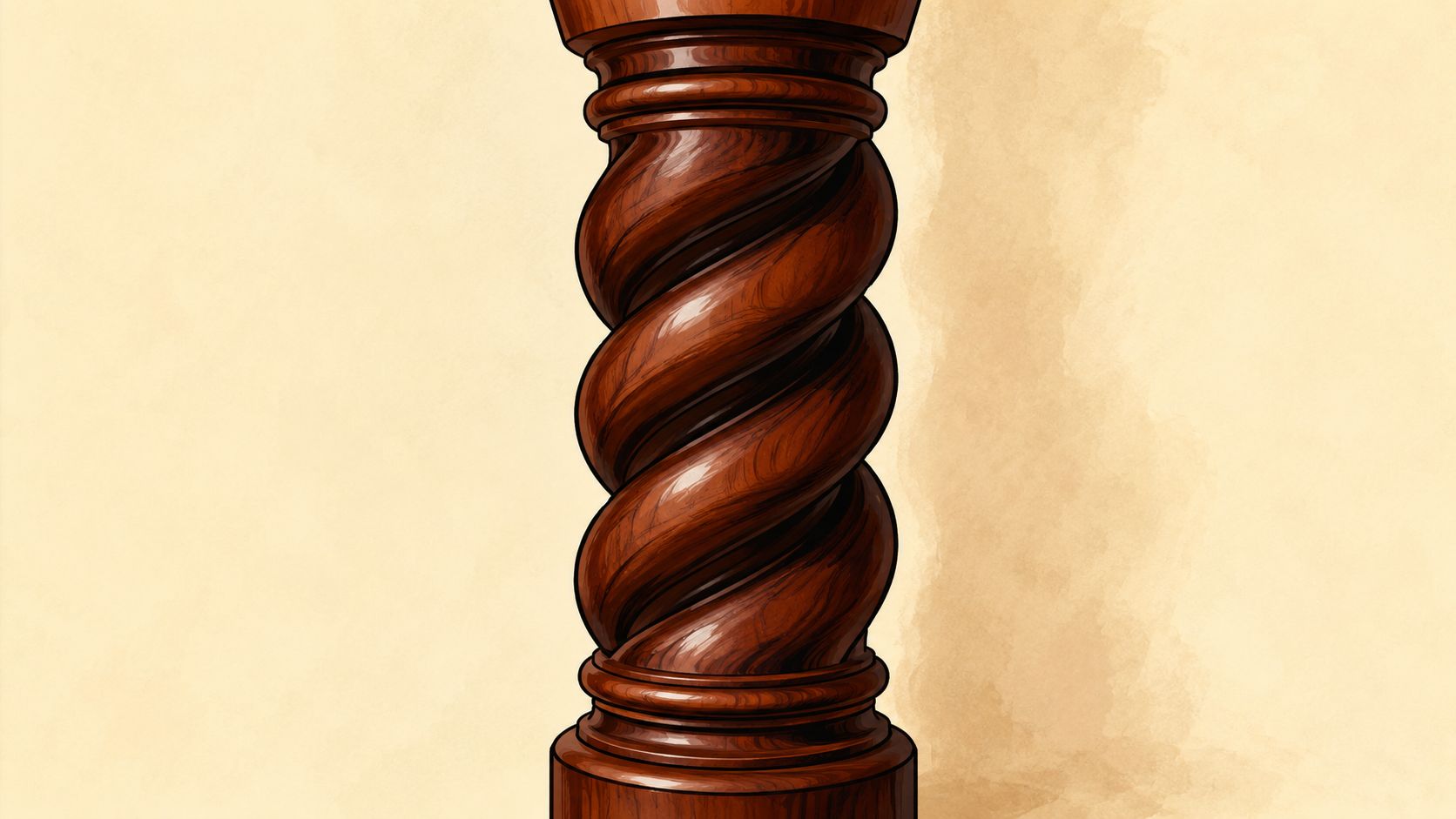 A close-up view of an ornate, dark brown wooden column featuring a decorative barley twist design.
