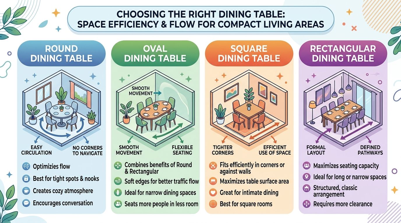 A helpful infographic comparing round, oval, square, and rectangular dining tables for small living spaces and flow.