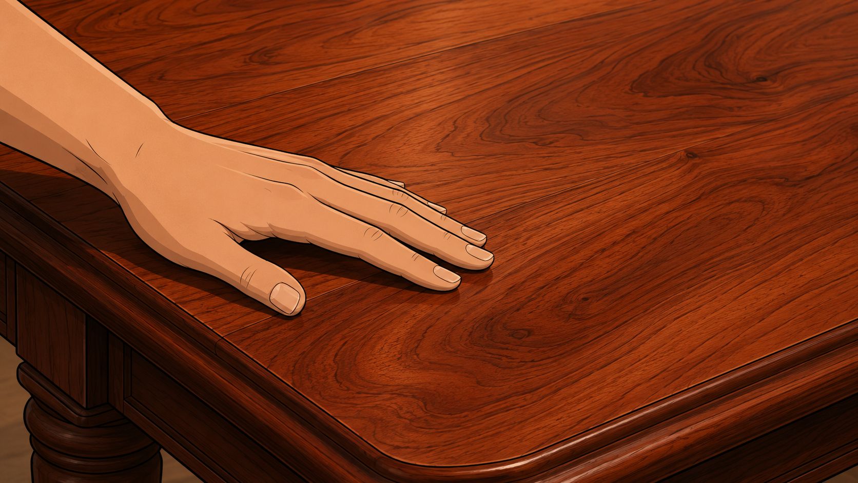A close-up view of a person's hand resting gently on a polished, rich wooden dining table.