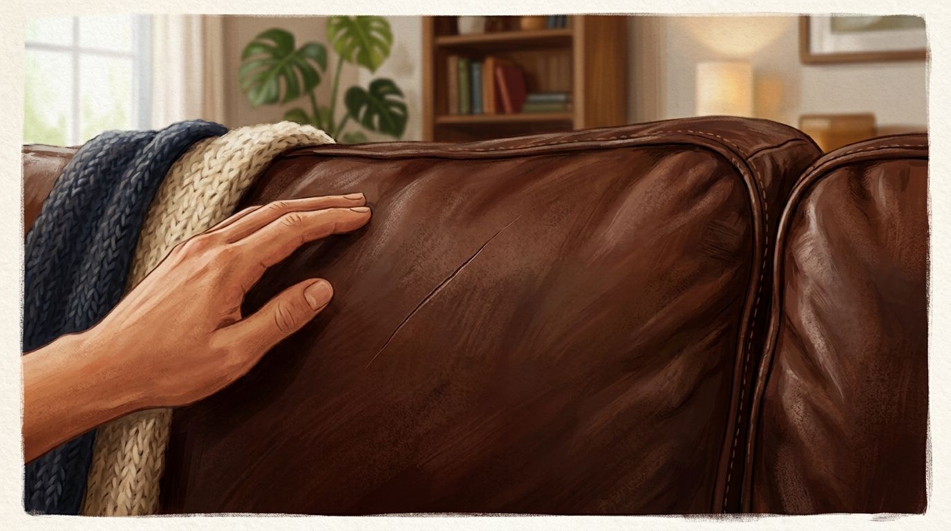 A close-up view of a person's hand touching a scratch on a worn brown leather couch cushion.