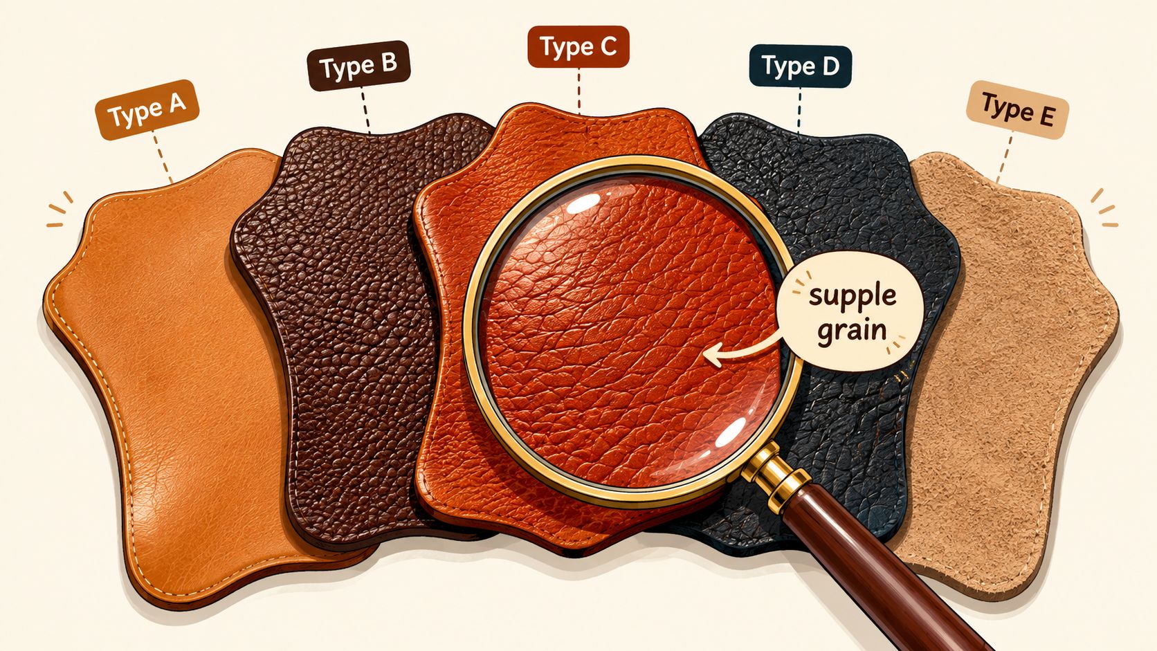Five different leather swatches arranged in a row, with a magnifying glass focusing on the texture of orange leather.