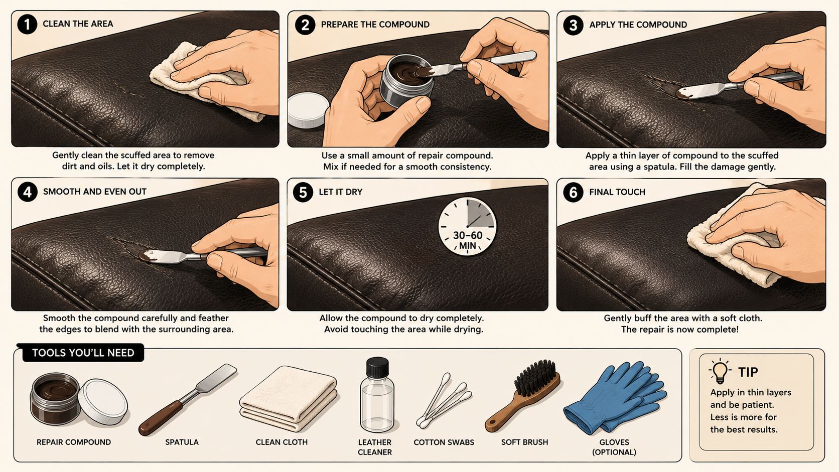 A six-step infographic showing how to use a leather couch repair kit to fix scuffed furniture.