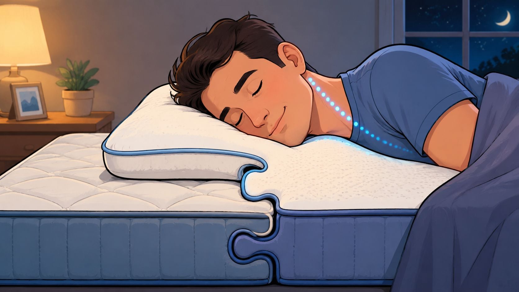 A person sleeping comfortably on a mattress and pillow designed for proper neck alignment and pain relief.
