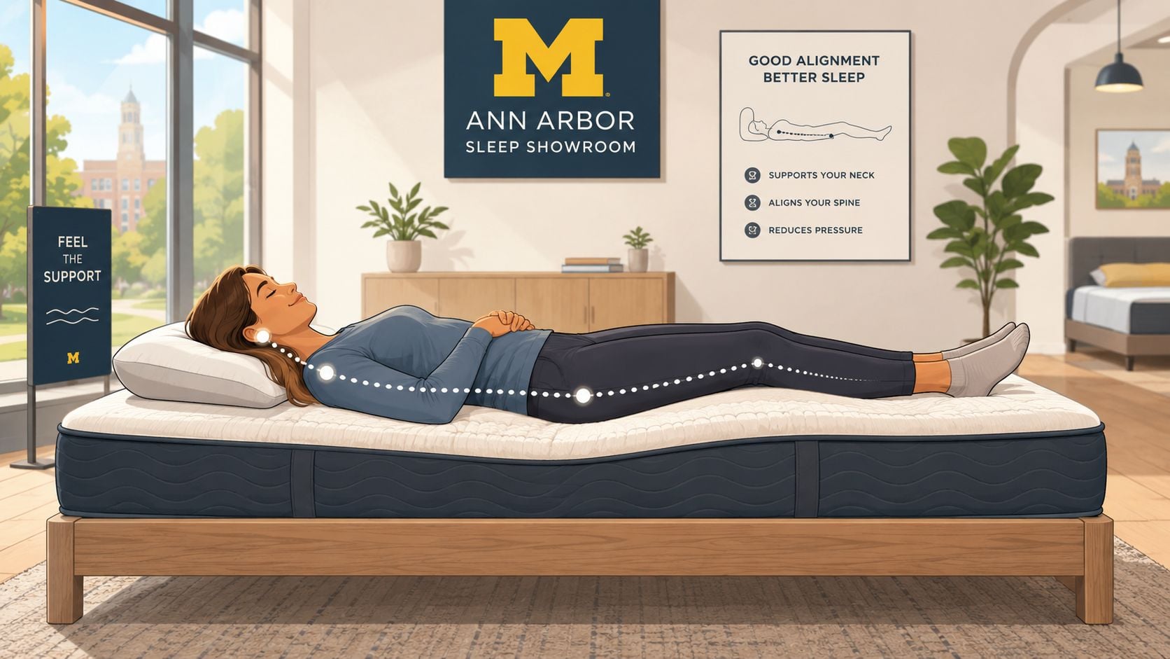 A woman rests comfortably on a supportive mattress in a sleep showroom, highlighting proper spinal alignment.