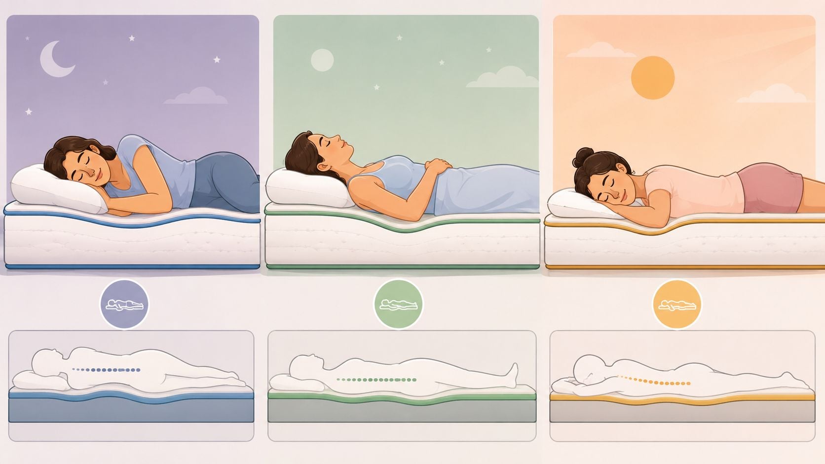 A diagram demonstrating three different sleeping positions on supportive mattresses, highlighting proper spinal alignment for sleep health.