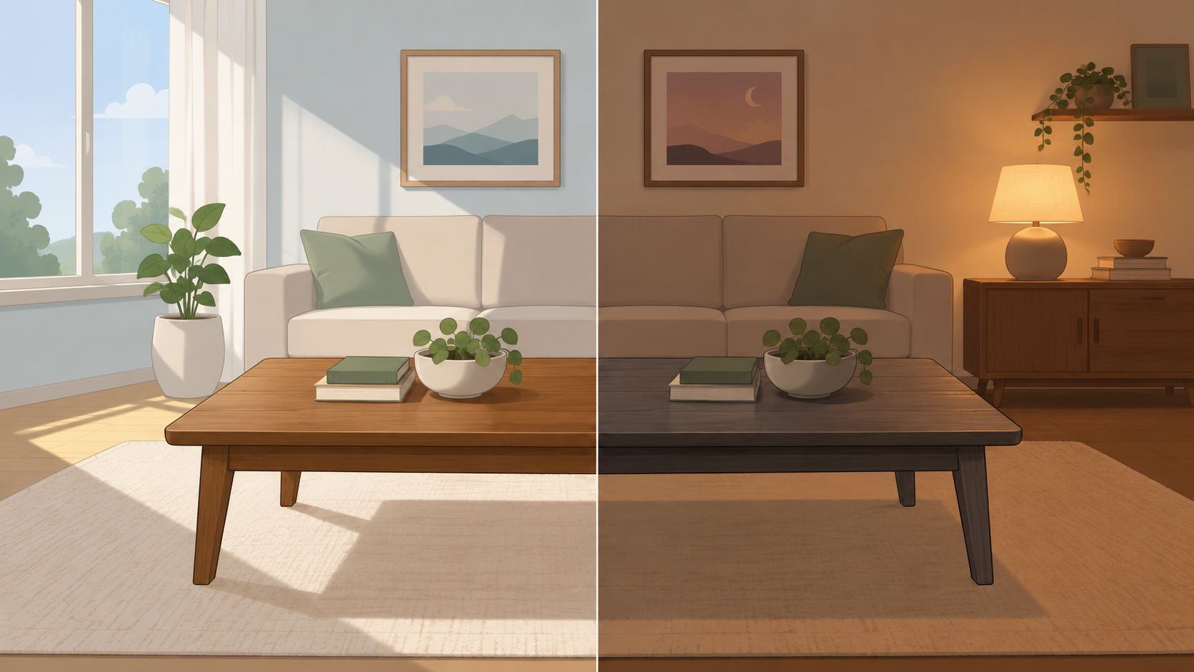 A split-screen comparison of a living room showing how the same wooden coffee table looks under daylight and evening lighting.
