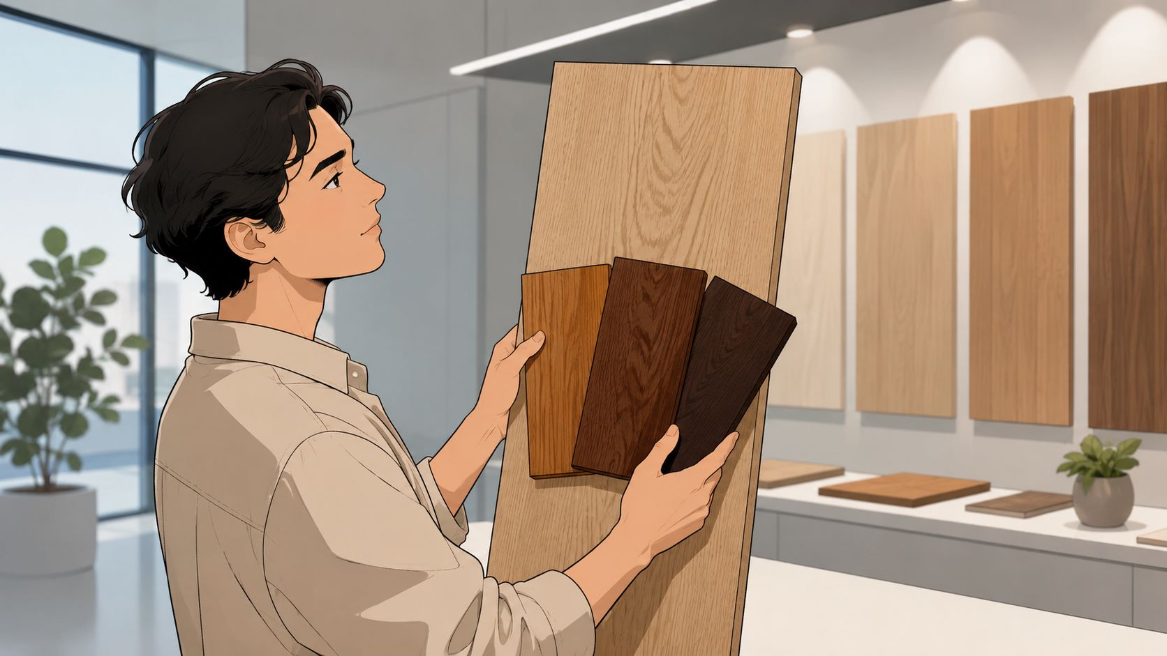 A young man holding wood samples to compare colors while standing in a home improvement store.