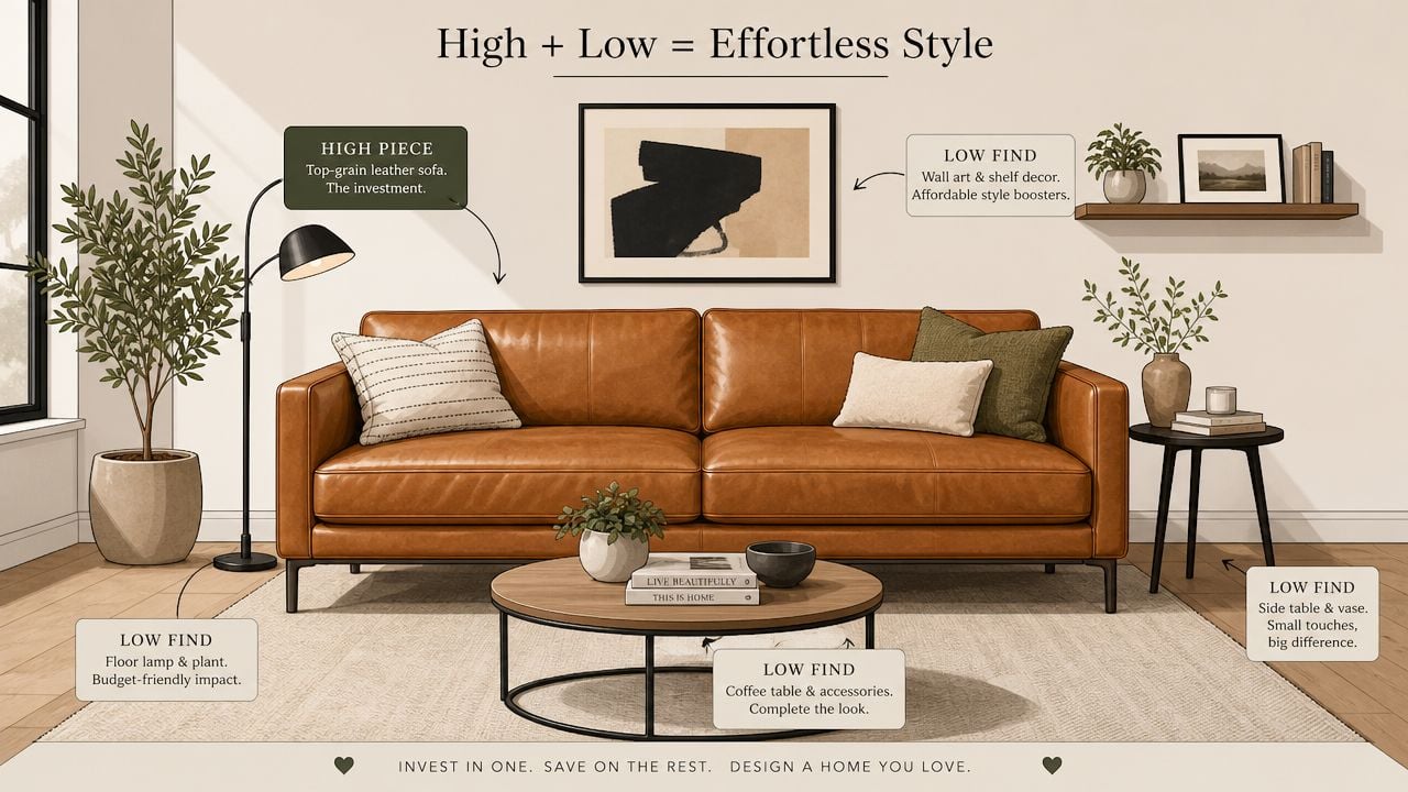 An interior design illustration showing how to balance a high-end leather sofa with affordable decor pieces.