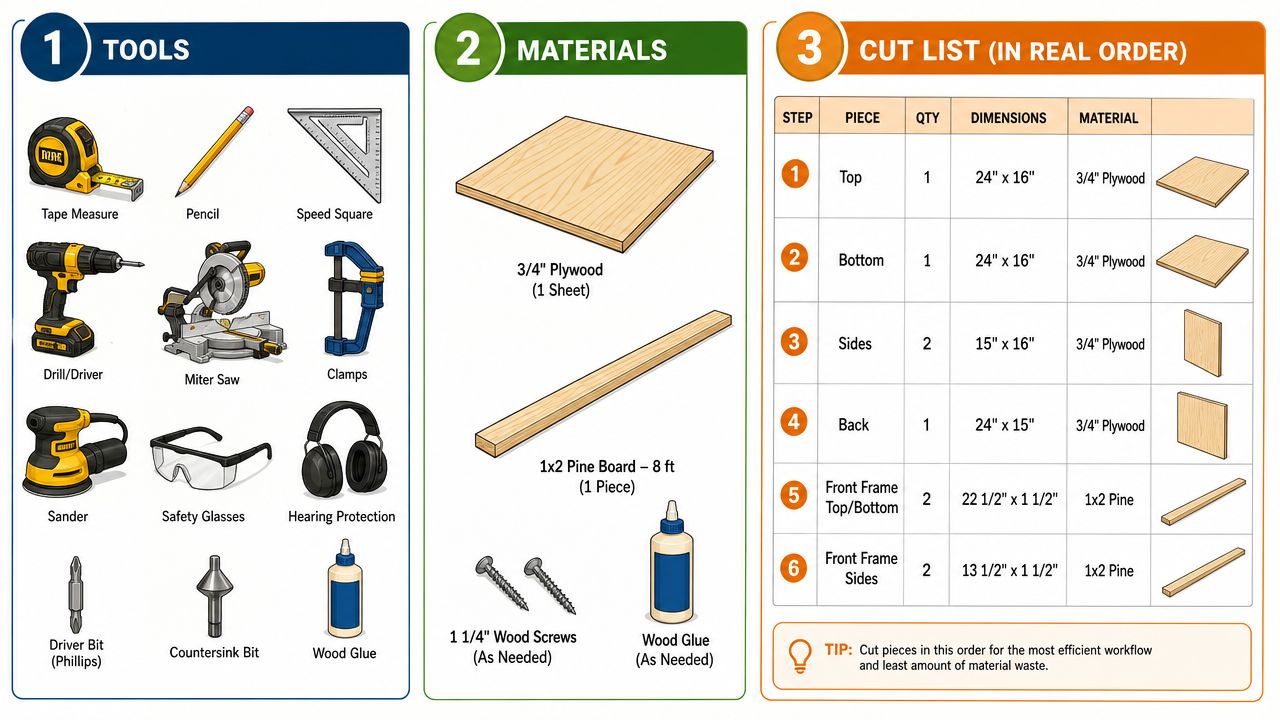 An infographic detailing necessary tools, materials, and a cut list for a DIY woodworking project.