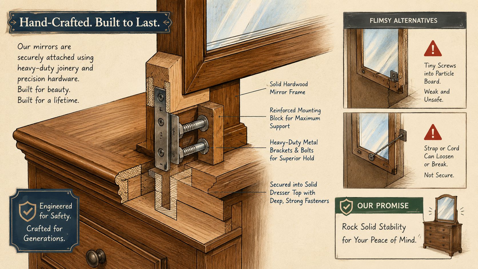 A detailed technical illustration showing the heavy-duty hardware used to securely attach a mirror to a wooden dresser.