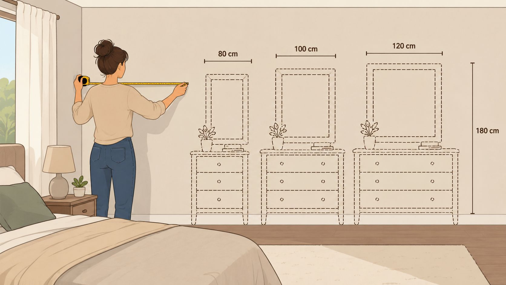 A woman measuring a wall in a bedroom to choose the perfect size for a new dresser.