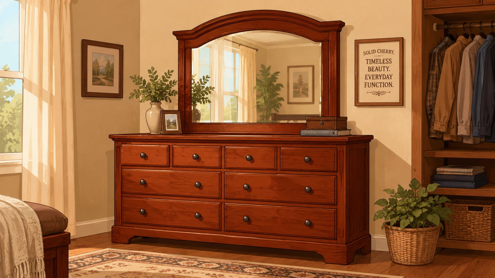 A rustic wooden bedroom dresser with a large mirror and drawers, decorated with plants and a framed sign.