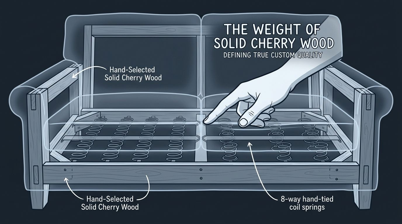 A diagram of a couch interior highlighting solid cherry wood construction and eight-way hand-tied coil springs.