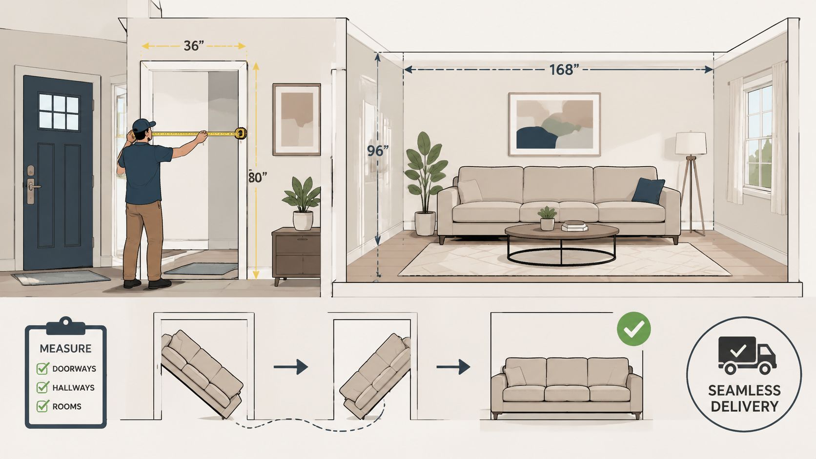 A diagram demonstrating how to measure doorways and rooms for seamless sofa delivery and furniture installation.