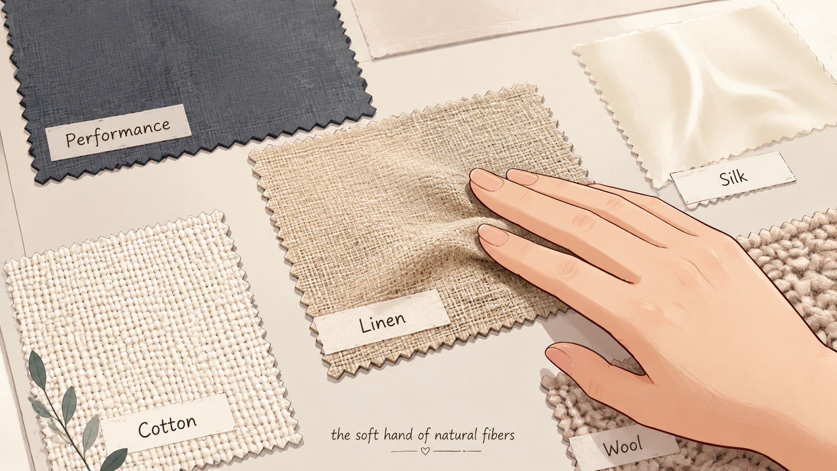 A hand touching a linen fabric sample surrounded by other material swatches like cotton, performance, silk, and wool.
