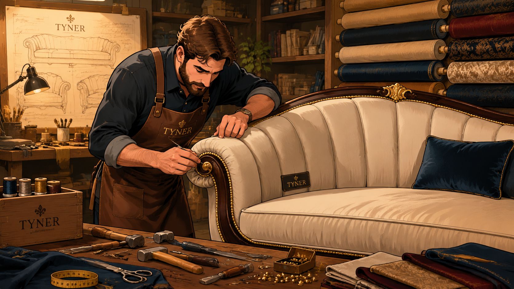 A professional craftsman meticulously repairs a luxury cream-colored sofa in his well-equipped furniture restoration studio.