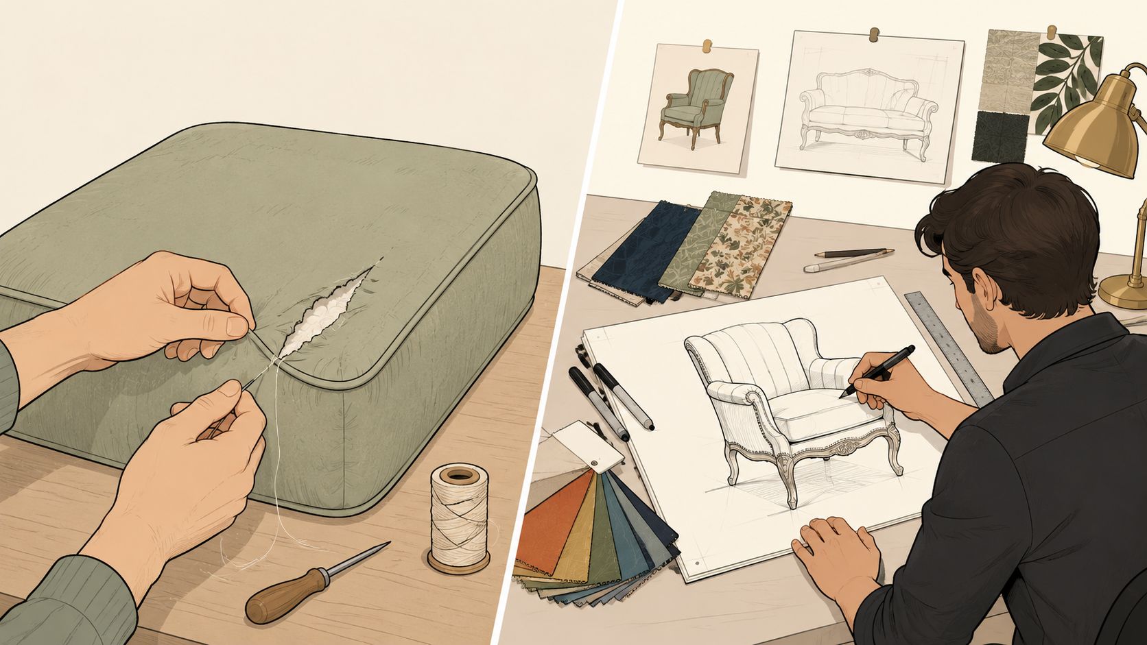 A split image showing a person sewing a torn cushion and an artist sketching custom furniture designs.