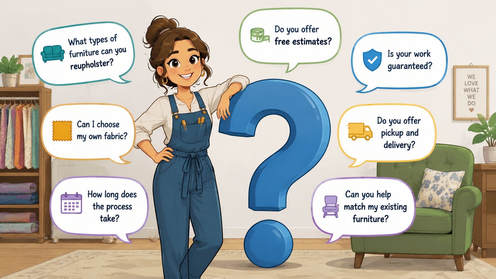 A friendly upholstery professional standing next to a large question mark with common customer inquiry speech bubbles.