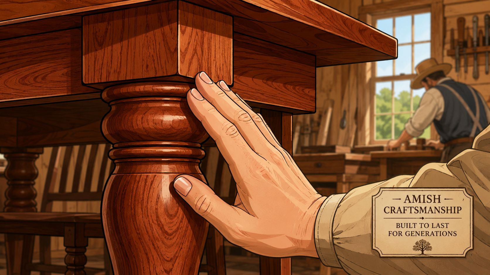 A close-up of a hand touching a handcrafted wooden table leg in an Amish woodworking workshop.
