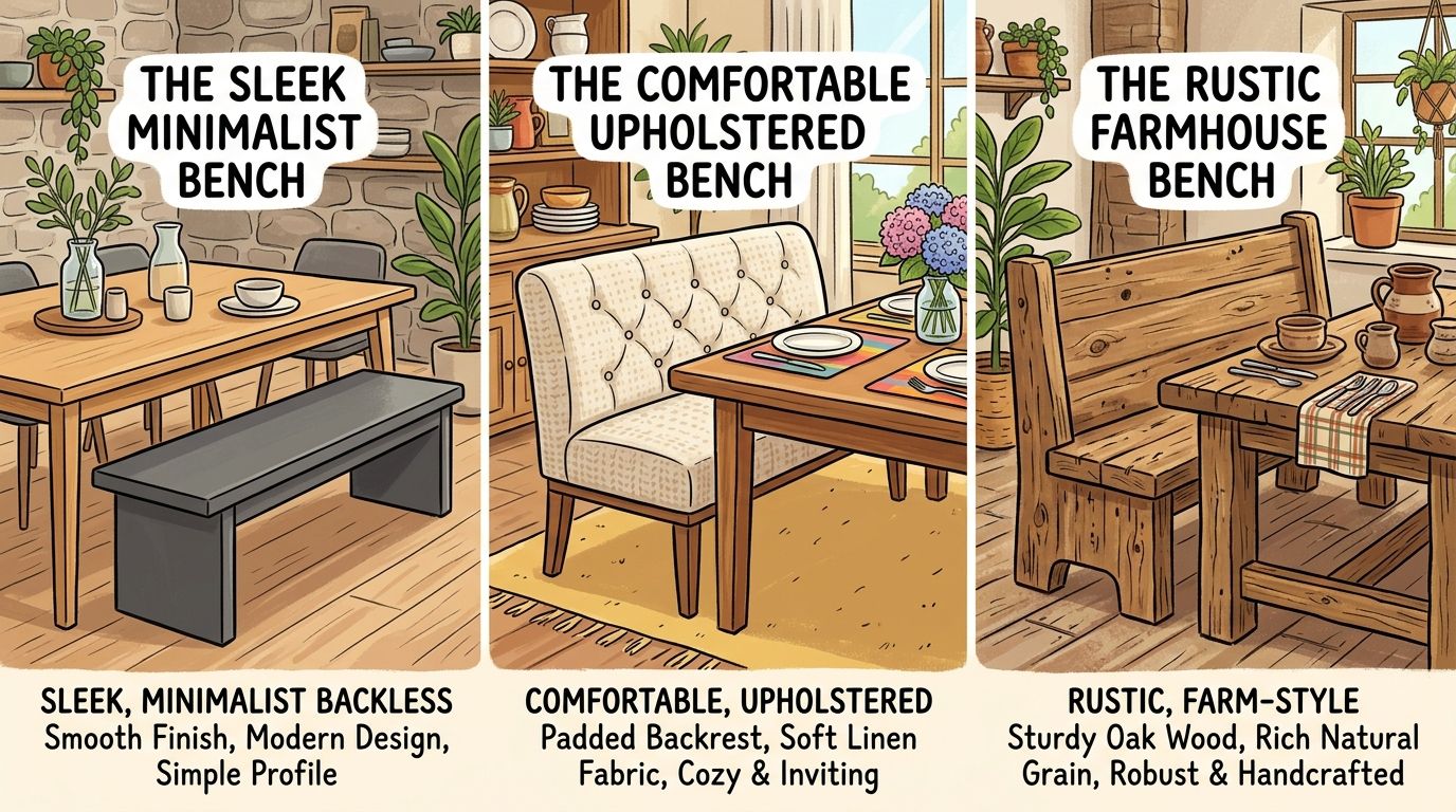 A three-part illustration showing different styles of dining room benches: sleek minimalist, comfortable upholstered, and rustic farmhouse.