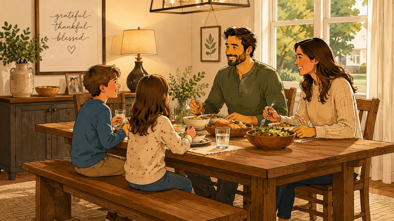 A happy family of four sharing a warm meal together at a rustic wooden dining table.