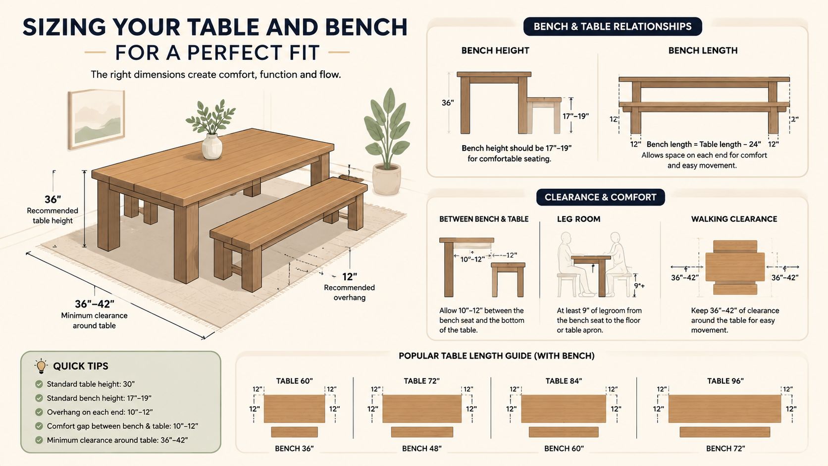 An infographic illustrating ideal sizing guidelines for dining room tables and benches to ensure comfort and functionality.