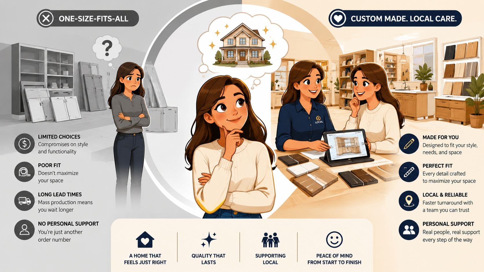 Comparison infographic showing benefits of custom local cabinetry versus generic mass-produced one-size-fits-all furniture options for homes.