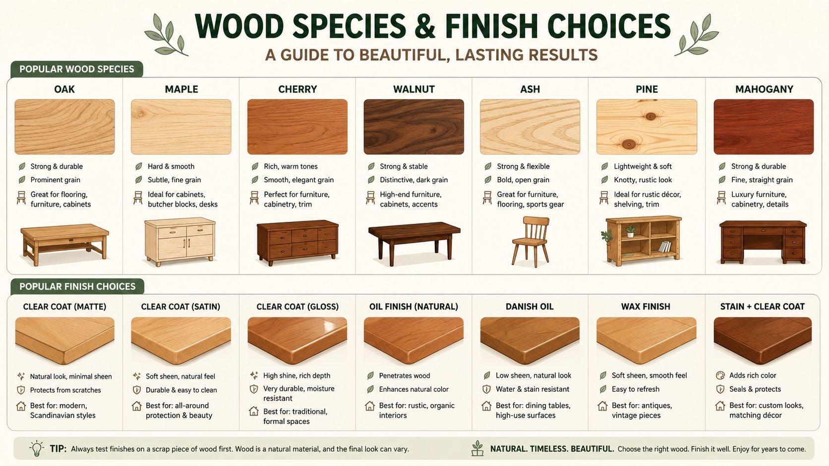 A comprehensive guide illustrating various popular wood species and finishes for furniture and interior woodworking projects.