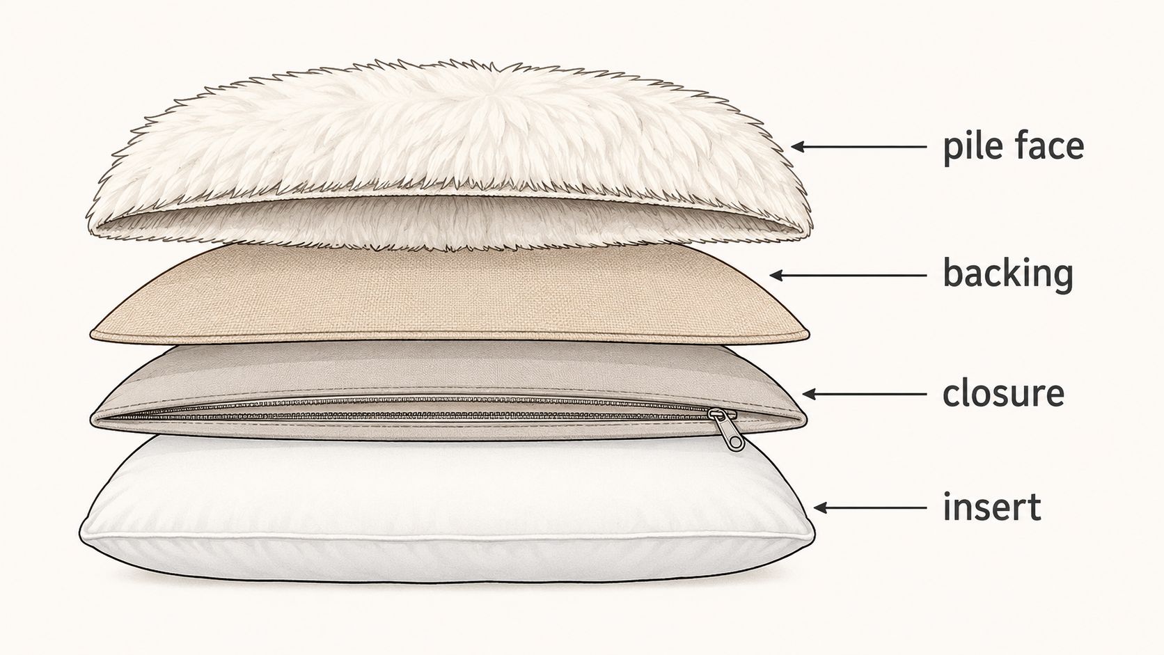 A diagram illustrating the four layered components of a faux fur pillow: pile face, backing, closure, and insert.