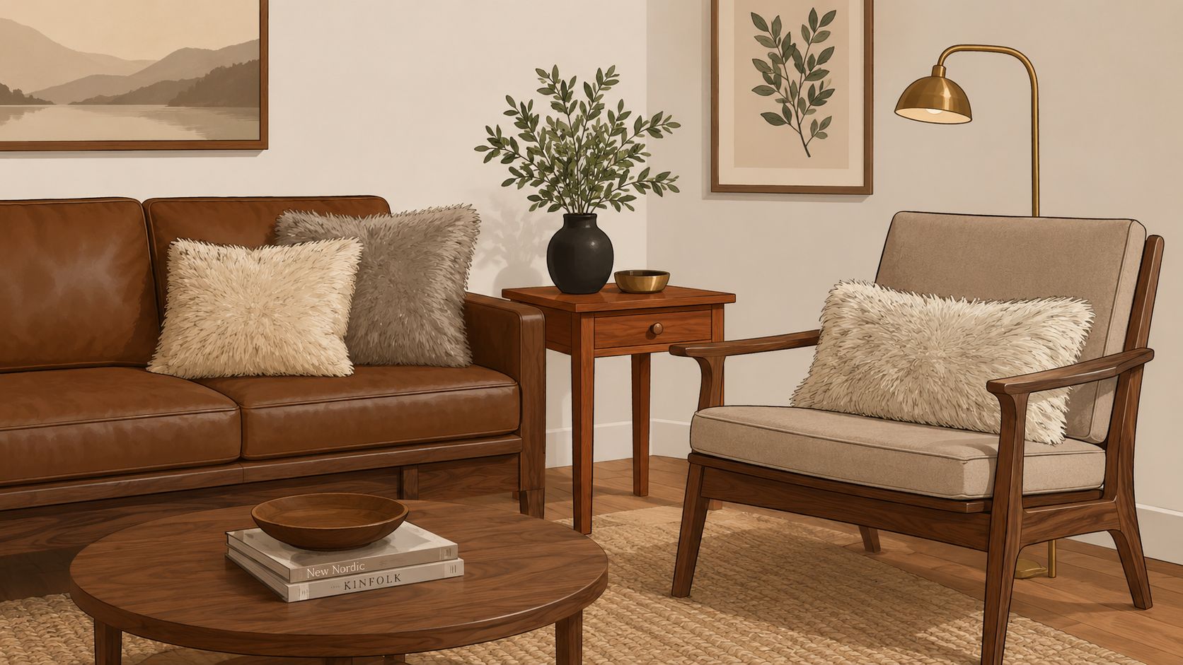 A cozy living room featuring a leather sofa, mid-century modern chair, and decorative faux fur pillows.